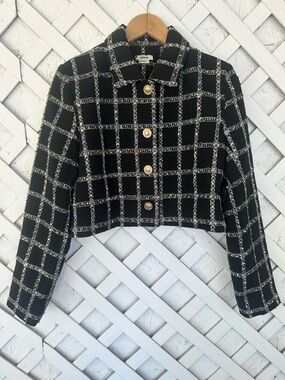 Jason Wu Tweed Cropped Jacket – Black Grid Plaid Gold Button Designer Blazer